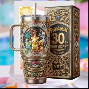 Pokémon 30th Anniversary 1996 2026 Pikachu Charizard Retro Gamer Gift for Kids Adults Stainless Steel Insulated Tumbler