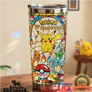 Pokemon 30th Anniversary Pikachu Stained Glass Custom Name Kids Fan Gift Stainless Steel Insulated Tumbler