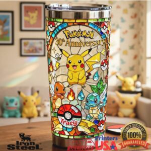 Pokemon 30th Anniversary Pikachu Stained Glass Custom Name Kids Fan Gift Stainless Steel Insulated Tumbler