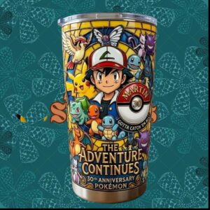Pokémon 30th Anniversary The Adventure Continues Ash Pikachu Stained Glass Tumbler