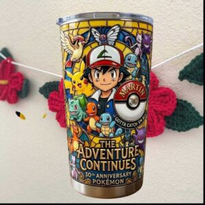 Pokémon 30th Anniversary The Adventure Continues Ash Pikachu Stained Glass Tumbler