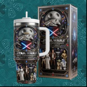 Star Wars 50th Anniversary 1977 2027 Galactic Movie Characters Silver Tumbler