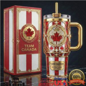Team Canada Olympic Games Maple Leaf Spirit Red White Gold Souvenir Stainless Steel Insulated Tumbler