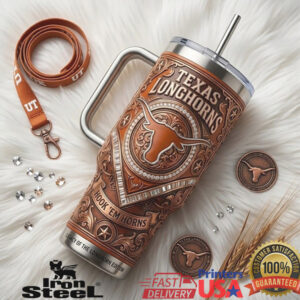 Texas Longhorns Hook 'Em Horns 40oz Tumbler Handcrafted Leather Look Edition
